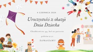 Kolorowa grafika (latawiec, bawiące się dzieci, wspólne rysowanie, malowanie twarzy, alpaki), zapraszająca na uroczystości z okazji Dnia Dziecka w Wojewódzkim Szpitalu Dziecięcym w Bydgoszczy przy ulicy Chodkiewicza 44, 4 czerwca 2024 o godzinie 9:30.