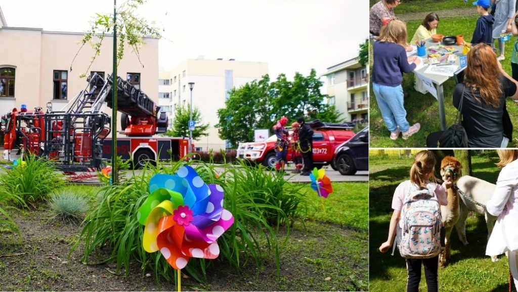 Kolaż trzech zdjęć – kolorowe wiatraki w parku przyszpitalnym, w tle budynki Szpitala, dzieci przy stoisku plastycznym, dziewczynka karmi alpakę
